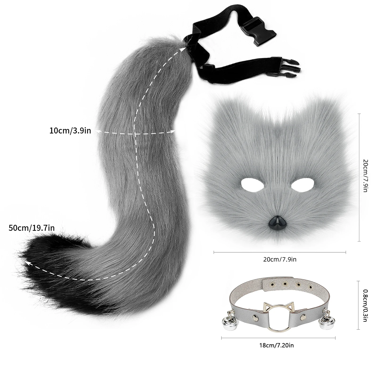 Faux Fur Fox Mask Wolf Cat Fluffy Tail and Leather Necklace Set Halloween Party Cosplay Costume Accessory