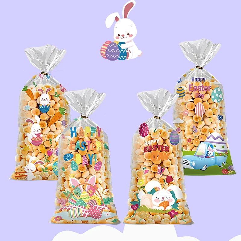 50Pcs Easter Gift Bags Cute Rabbit Hen Egg Pattern Candy Packaging Bags Open Top Cellophane Cookies Bags Easter Party Decor