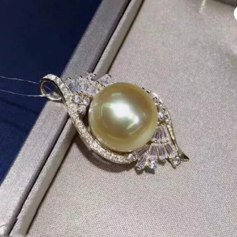 

Exquisite AAAA 11-12mm South Sea Round Gold Pearl Pendant Necklace 18 inch 925s