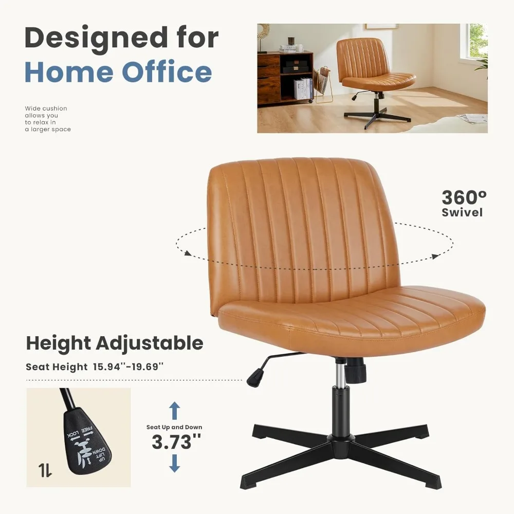 Wide Cross Legged Office Desk Chair, PU Leather Armless Adjustable Swivel Chair for Home Computer Task Brown