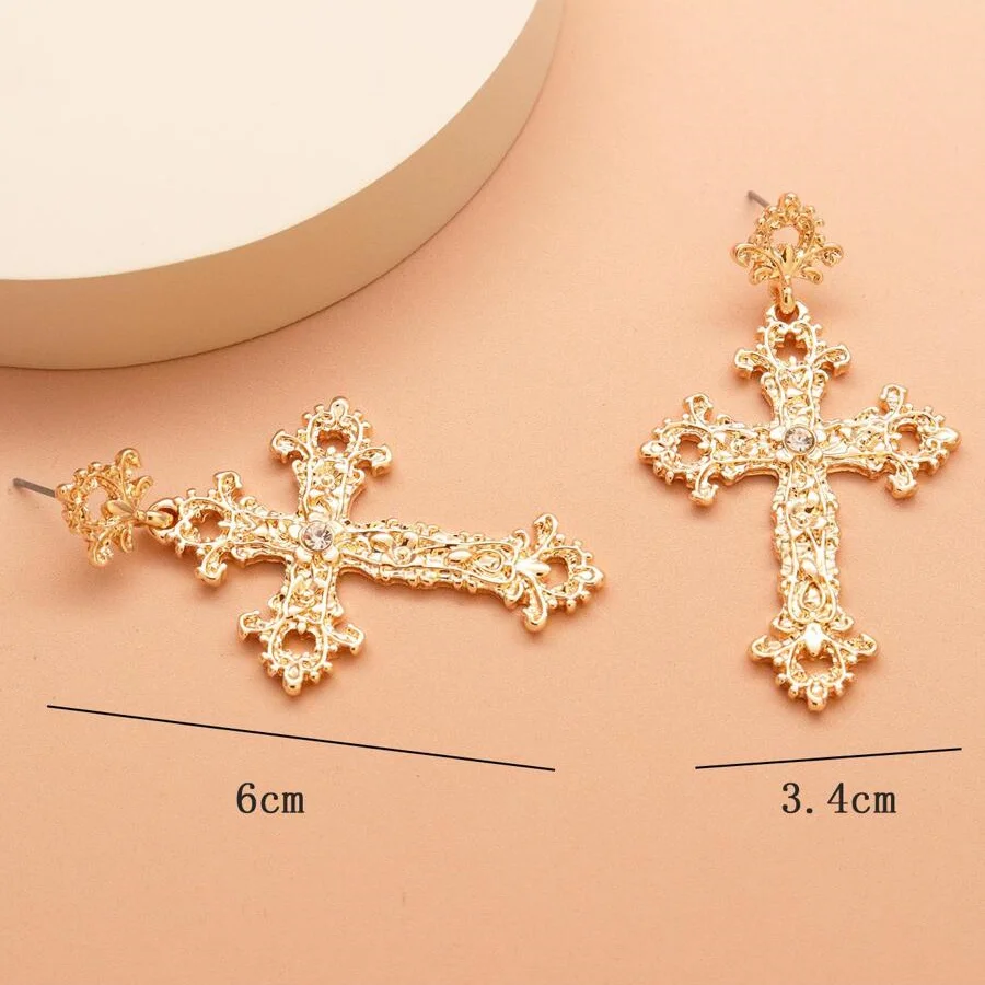 Obega Vintage Anique Hollow Out Cross Dangle Stud Earrings For Women Shiny Gold Color Long Metal Earrings Statement Jewelry