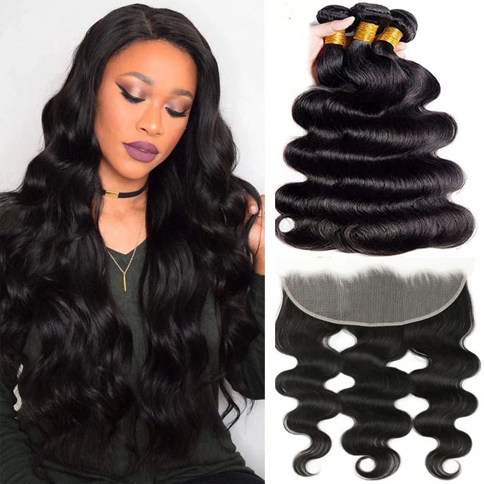 Body Wave Human Hair Bundles with Frontal Closure Brazilian 100% Unprocessed Virgin Hair 3 Bundles With 13x4 Transparent Frontal