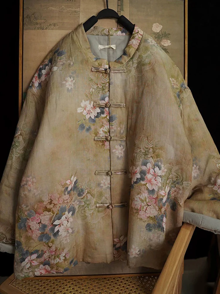 

Retro Chinese Sle Floral Print Cotton Jaet Women's Modified Tang Suit Coat Button up Thiened Long Sve Stand Collar