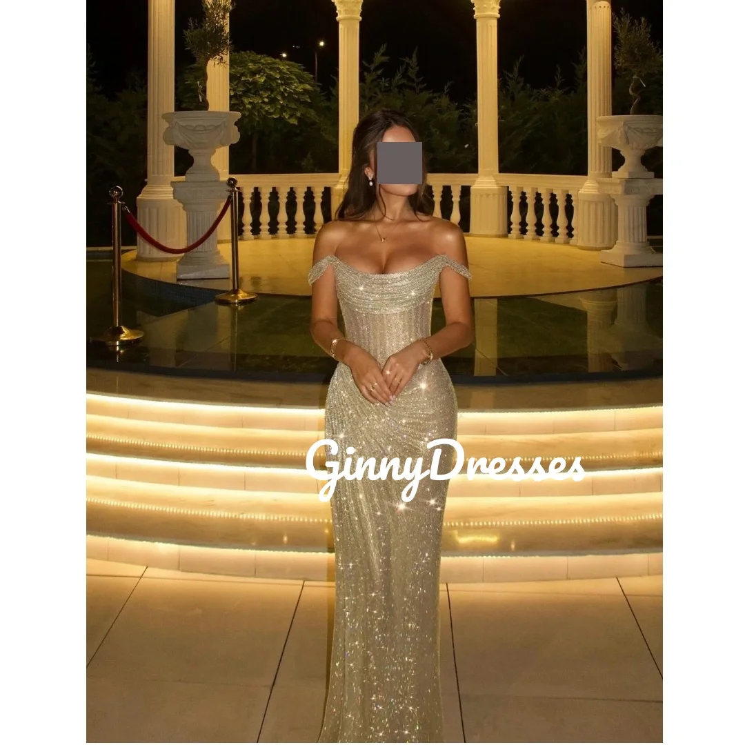 

Customize Luxury Evening Dresses A-Line Off-The-Shoulder Floor-Length Dresses For Prom Beadings Short Sleeves Zipper Up Wedding
