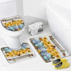 Butterfly Sunflower Bath Mat Set Vintage Grey Board Yellow Floral Sweet Home Bathroom Decor Carpet Non-slip Rug Toilet Lid Cover