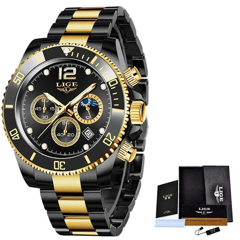 LIGE DESIGN Business Luxury Mens Watches Gold Chronograph Quartz Wrsitwatches Luminous Waterproof Auto Date Clock Watch for Men