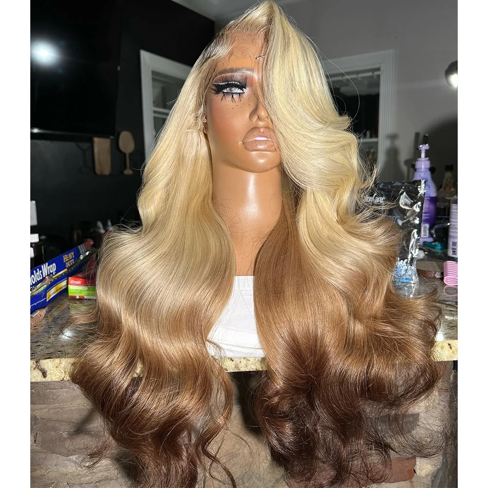 #4 Dark Brown Omber #613 Blonde Root Body Wave 13X6 Transparent Lace Frontal Human Hair Wig 180% Remy Preplucked Lace Wigs 34\