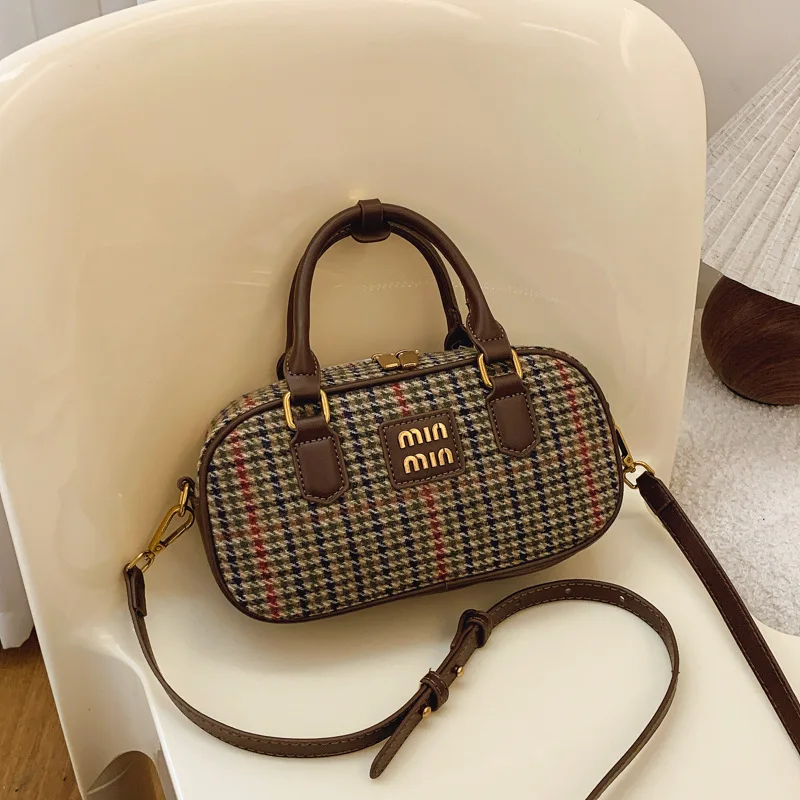 

2025 Unique Bowling Bag - Plaid & Color Block Tote - Top Handle Crossbody Purse for Women, Fashion Geometric Print Shoulder Bag