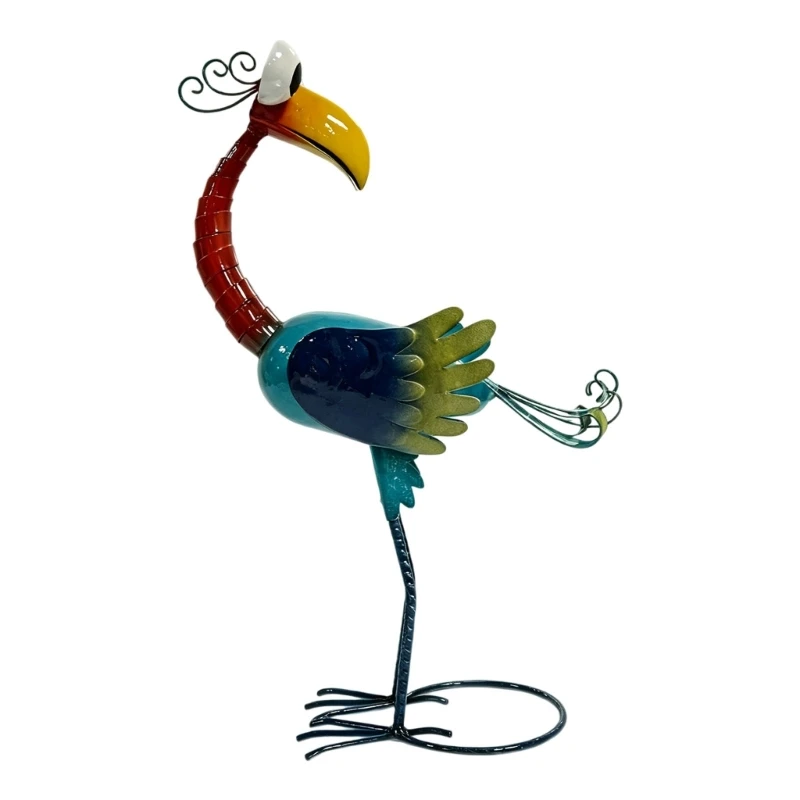 E1PC Metal Bird Sculpture Figure with Hand-Brushed Color, Pierced Wing Forms, Curled Wire Flourishes, and Freestanding Broad