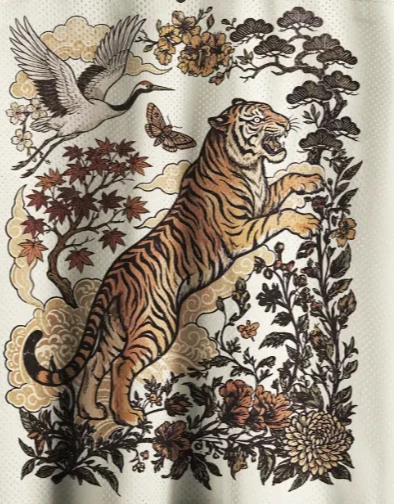 Landscape, Flowers, and Birds Surrounding A Fierce Tiger 3D Print, Symbolizing A Lucky Sports and Casual T-shirt view 3