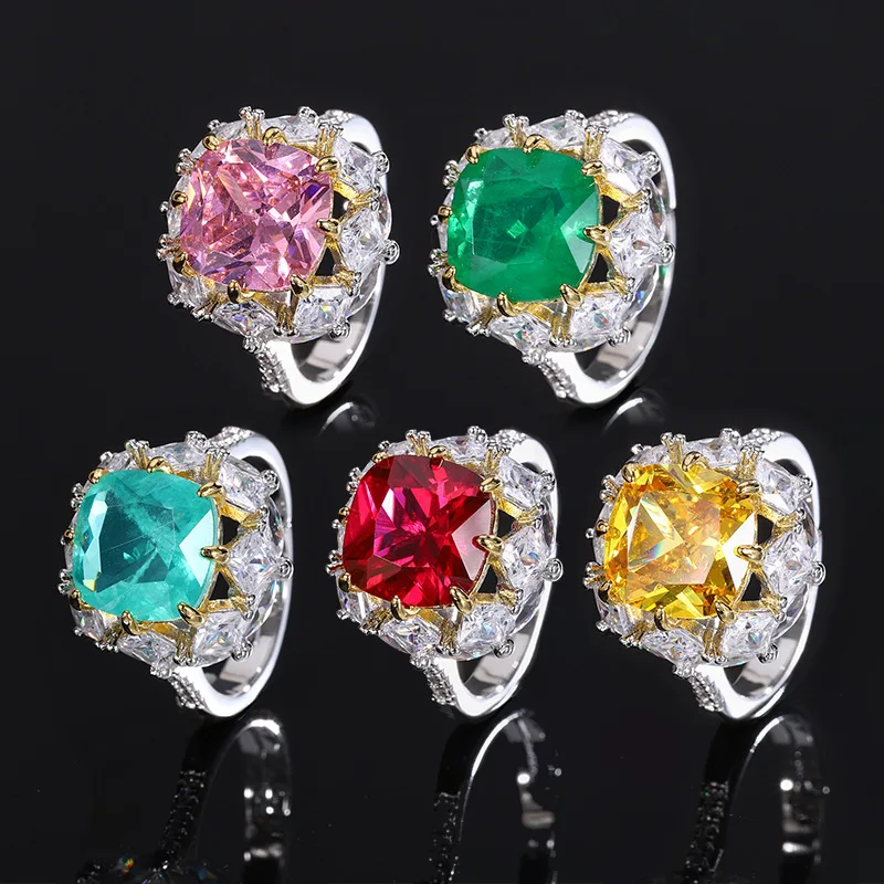 

Jewelry New Emerald Ring European and American Large Carat Fat Square Pink Zirconia Gemstone Ring