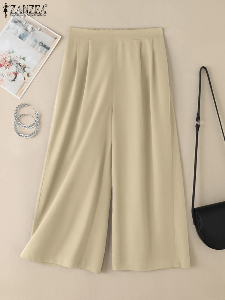 

ZANZEA Women Summer Trousers Casual Elastic Waist Baggy Pants Fashion Work OL Pantalon Elegant Loose Pleated Wide Leg Palazzo