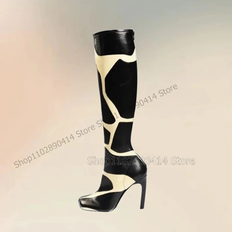 Black White Dairy Cow Print Square Toe Boots Back Zipper Women Shoes Thin High Heels Fashion Banquet 2024 Zapatos Para Mujere