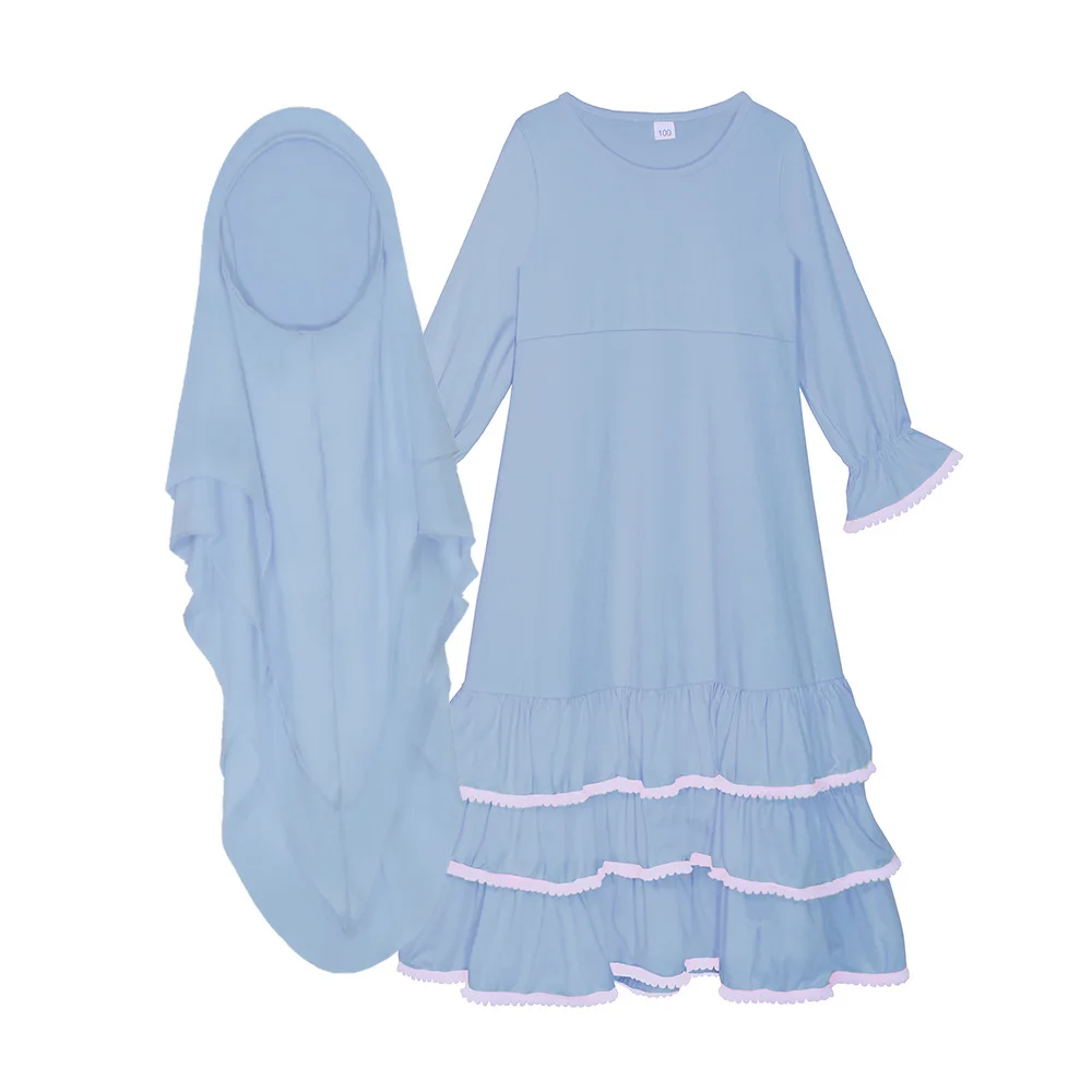 

2Pcs Muslim Ramadan Sets Children Girls Prayer Dresses Hijab Abaya Arab Kids Long Khimar Robe with Headscarf Islamic Kaftan Gown