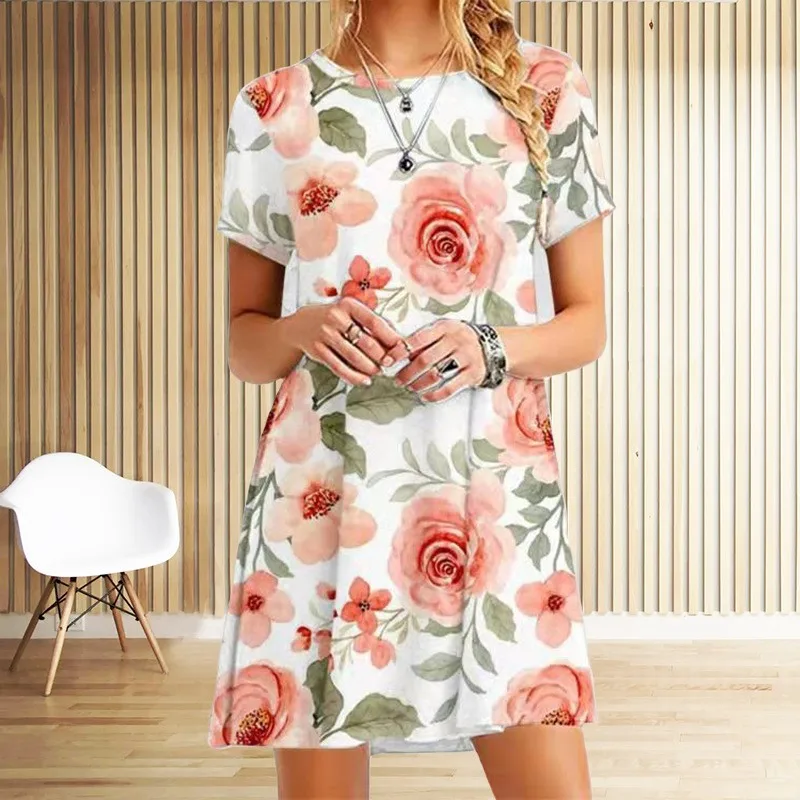 Amazon Cross border Skirt 2024 Summer New Casual City Round Neck Short Sleeve Floral Print Loose Dress