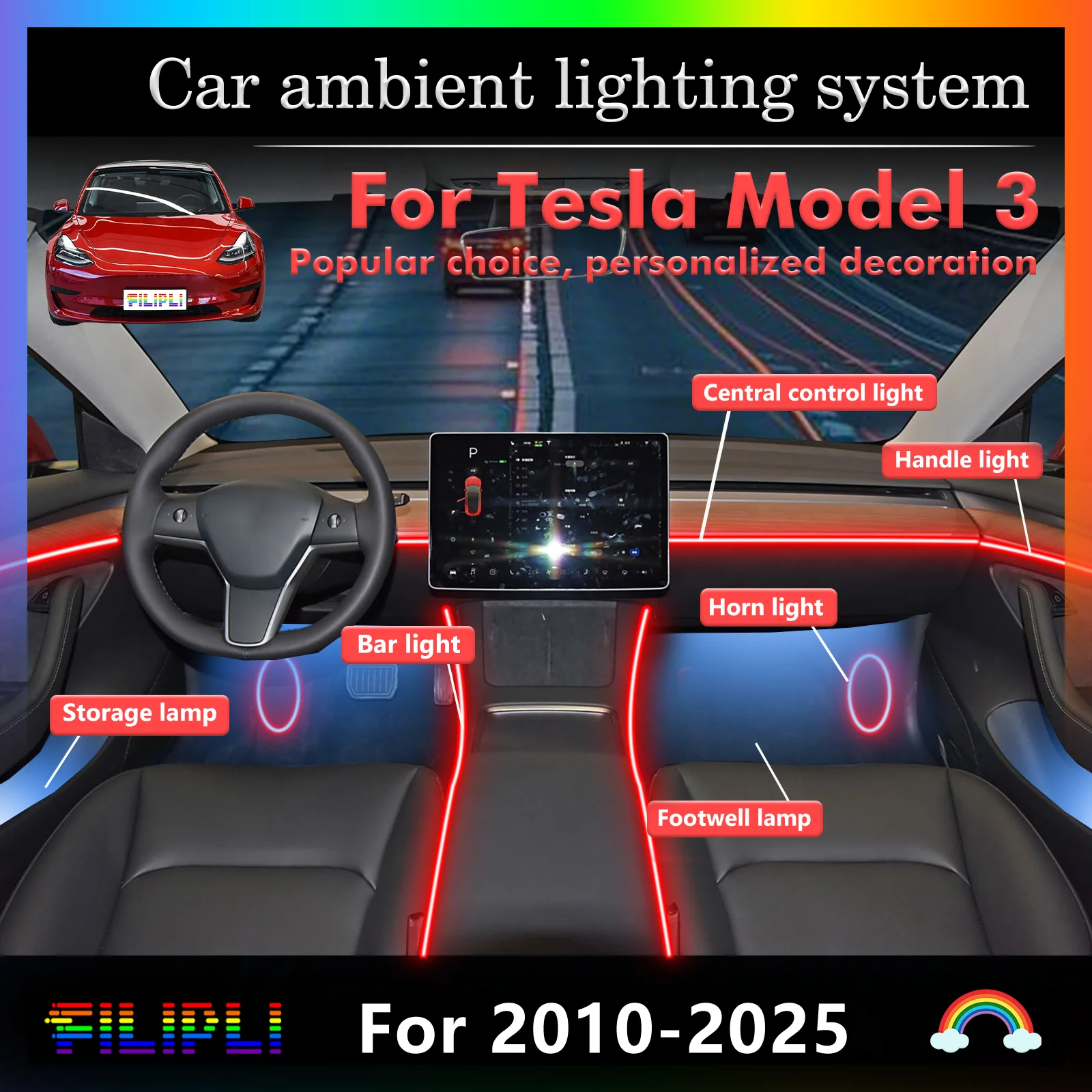 

Для Tesla Model 3 интерьер автомобиля, окружающее освещение для настроения, RGB, 64-цветный светодиодный умный пульт дистанционного управления, атмосферная лампа, энергосберегающий комплект