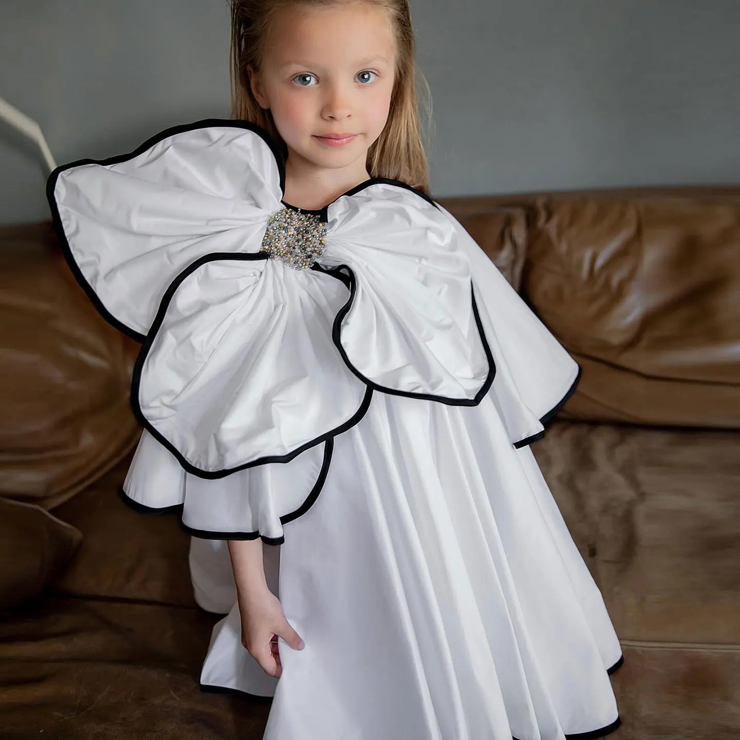 Jill Wish White Flower Girl Dress Beading Kids Princess A-Line Gown for Birthday Wedding Holy Communion Party Honors Day J075