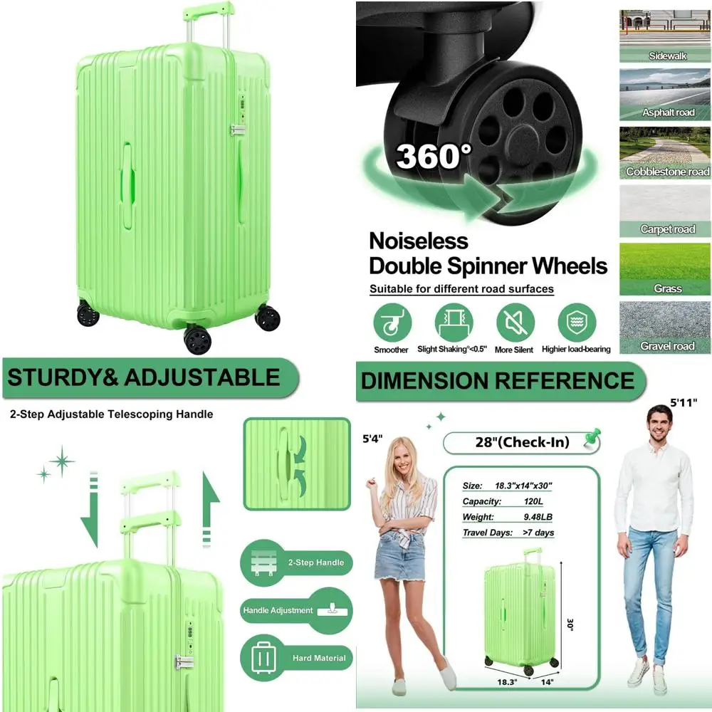 

28 Inch Hardside Suitcase with 4 Universal Wheels, TSA Lock, PC+ABS Material, Green Checked Luggage for Travel