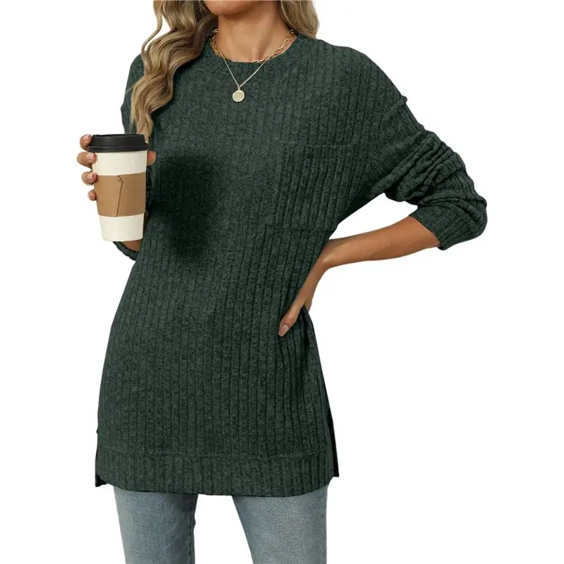 

CYL-женская осенне-зимняя футболка в полоску с круглым вырезом, 2022, однотонная, с разрезом, с длинными рукавами, топ с нагрудным карманом