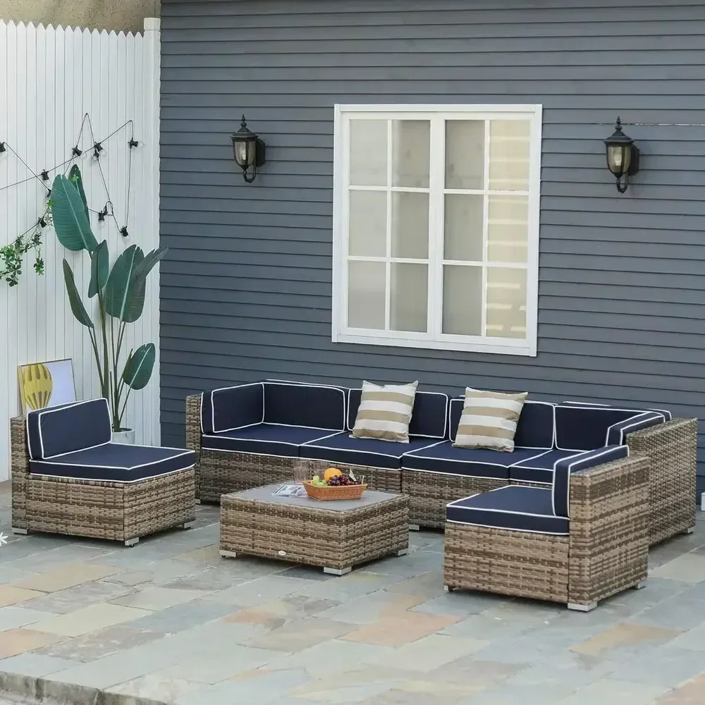 All-Weather Wicker Outdoor Sectional Sofa Set with Cushions, Wooden Coffee Table, Striped Pillows in Blue