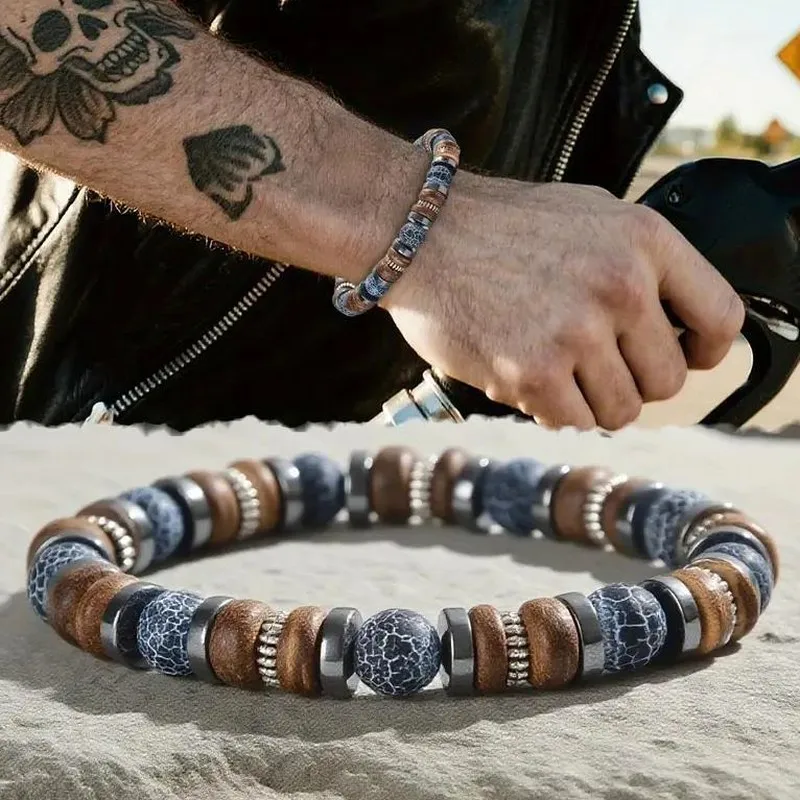 Vintage Black Gallstone Wood Chip Weathered Beaded Bracelet Men's Elastic Stretch Handmade Jewelry Gift