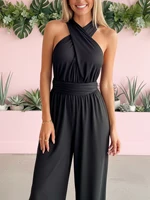 Women's Black Jumpsuit, Deep V Cross Neck, Tie Waist Straight Leg Pants, Elegant Daily Streetwear