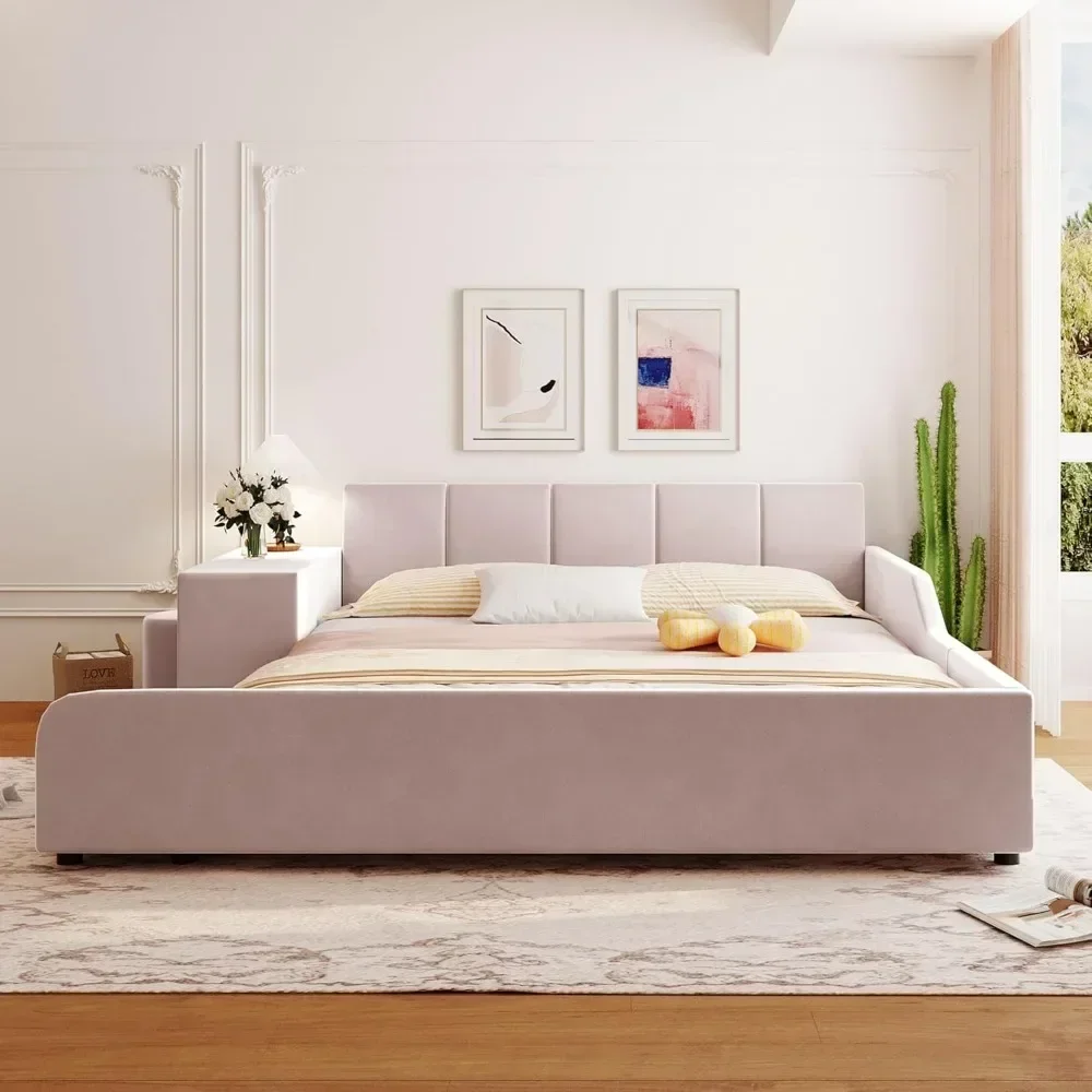 Cama de plataforma estofada com aterramento, estrutura de cama de madeira queen size para mãe e filho com mesa de cabeceira e pequeno banco redondo