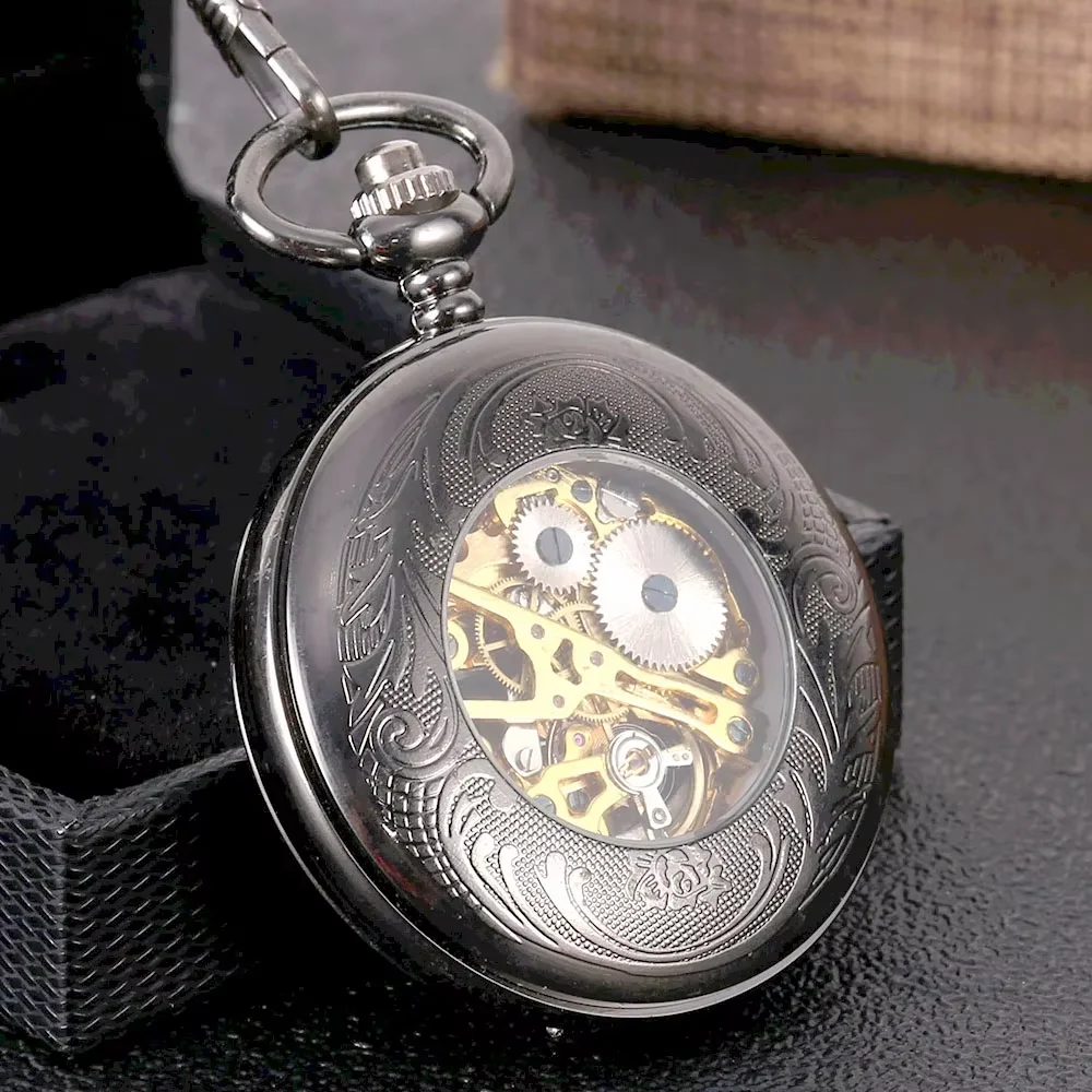Black openwork flame sun flower gold scale large mechanical pocket watch