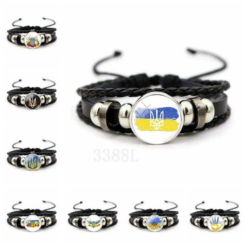 Popular Jewelry Glass Pendant Decorative Leather Bracelet Ukrainian Trident Tryzub Yellow Blue Flag