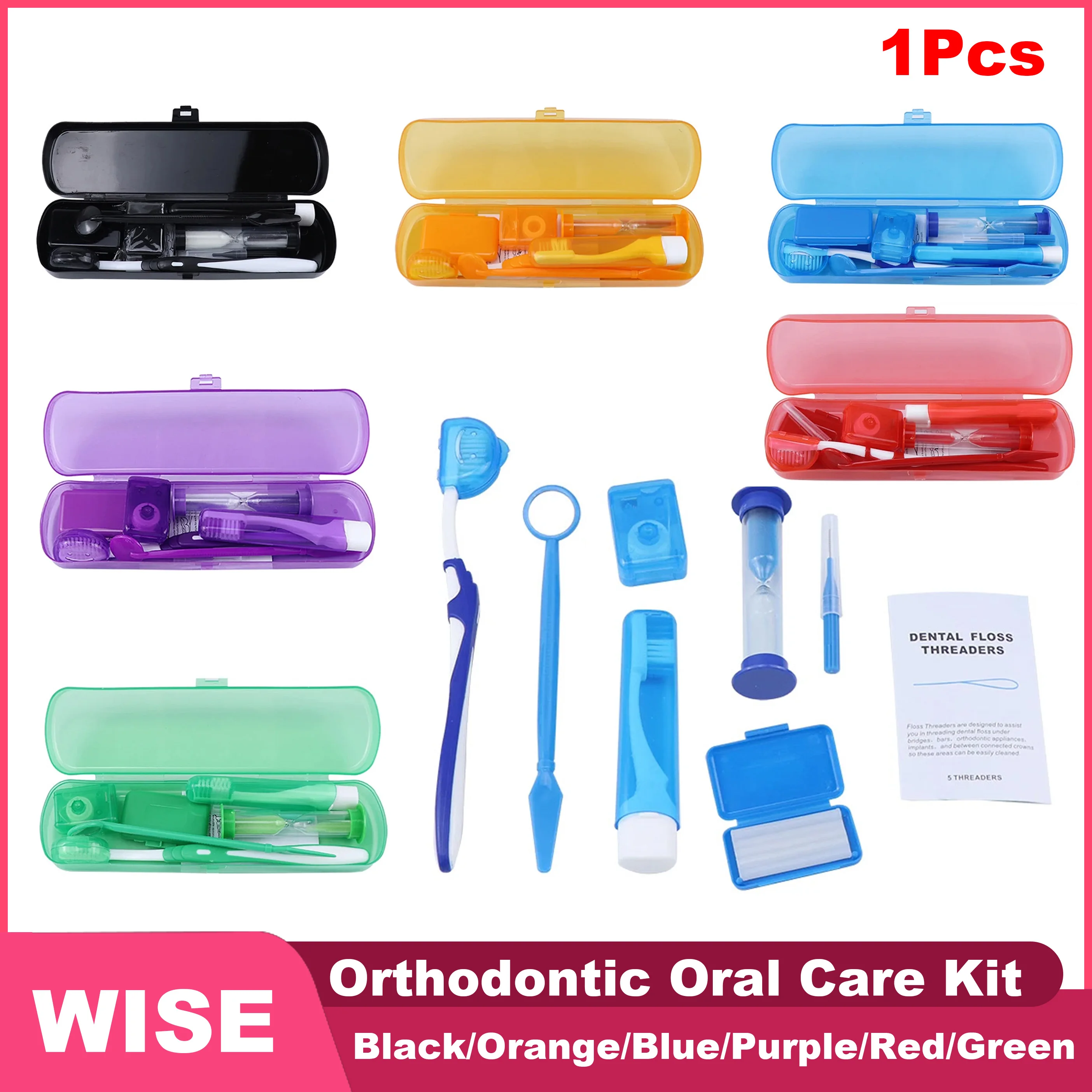 Portable Orthodontic Braces Care Travel Kit,Oral Hygiene Set with Toothbrush,Interdental Brush,Dental Wax,Mirror,Hourglass Timer