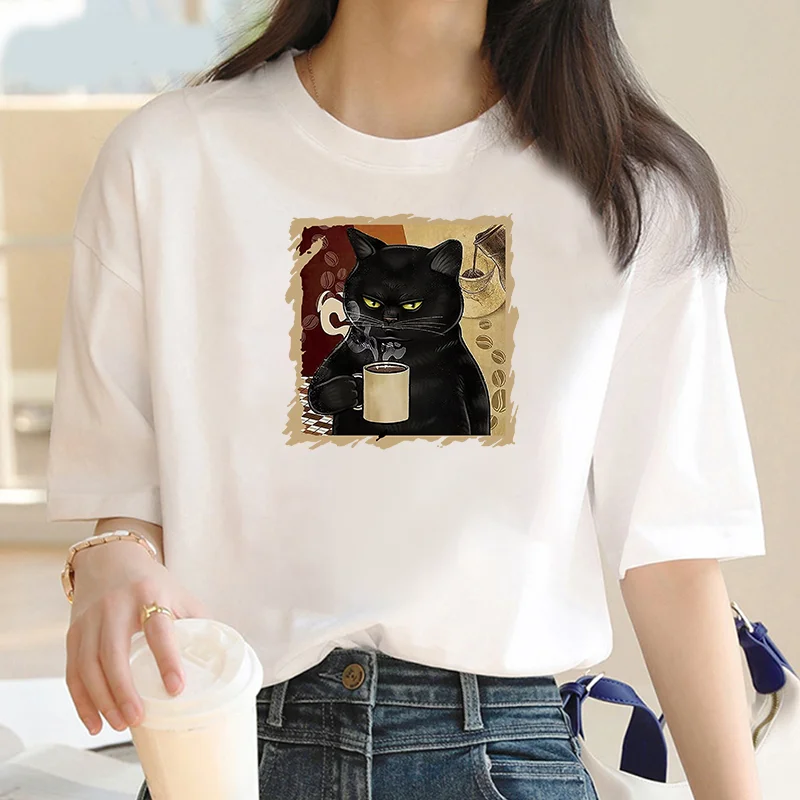 Maycar New Women t-shirt Cartoon Summer coffee Cat Print t-shirt Street Y2K t-shirt bianca a maniche corte donna casual top