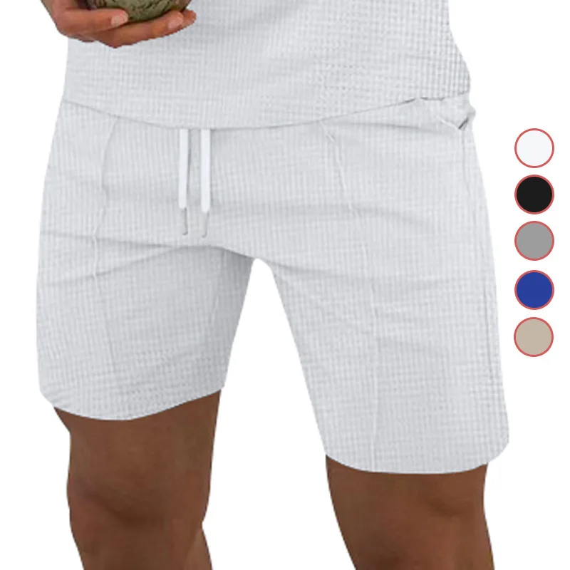 2024Solid Color Summer New European and American Men\'s Sports Waffle Trendy Shorts Casual Shorts