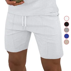 2024Solid Color Summer New European and American Men's Sports Waffle Trendy Shorts Casual Shorts