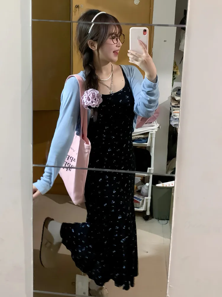 

Черное платье с цветочным принтом и завязками на шее, женское, летнее, 2026, новинка, для пляжного отдыха, в студенческом стиле, с эффектом «рыбий хвост», с манжетами на талии, длинное