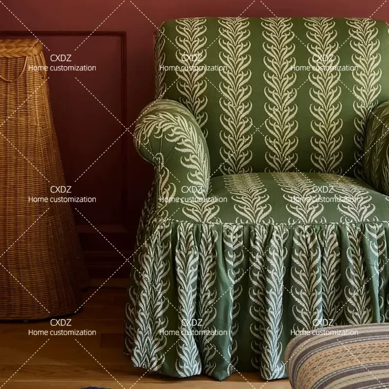 Country Print Sofa Chair Solid Wood Leisure Armchair for Living Room Bedroom Balcony Single Seat Furniture for Small