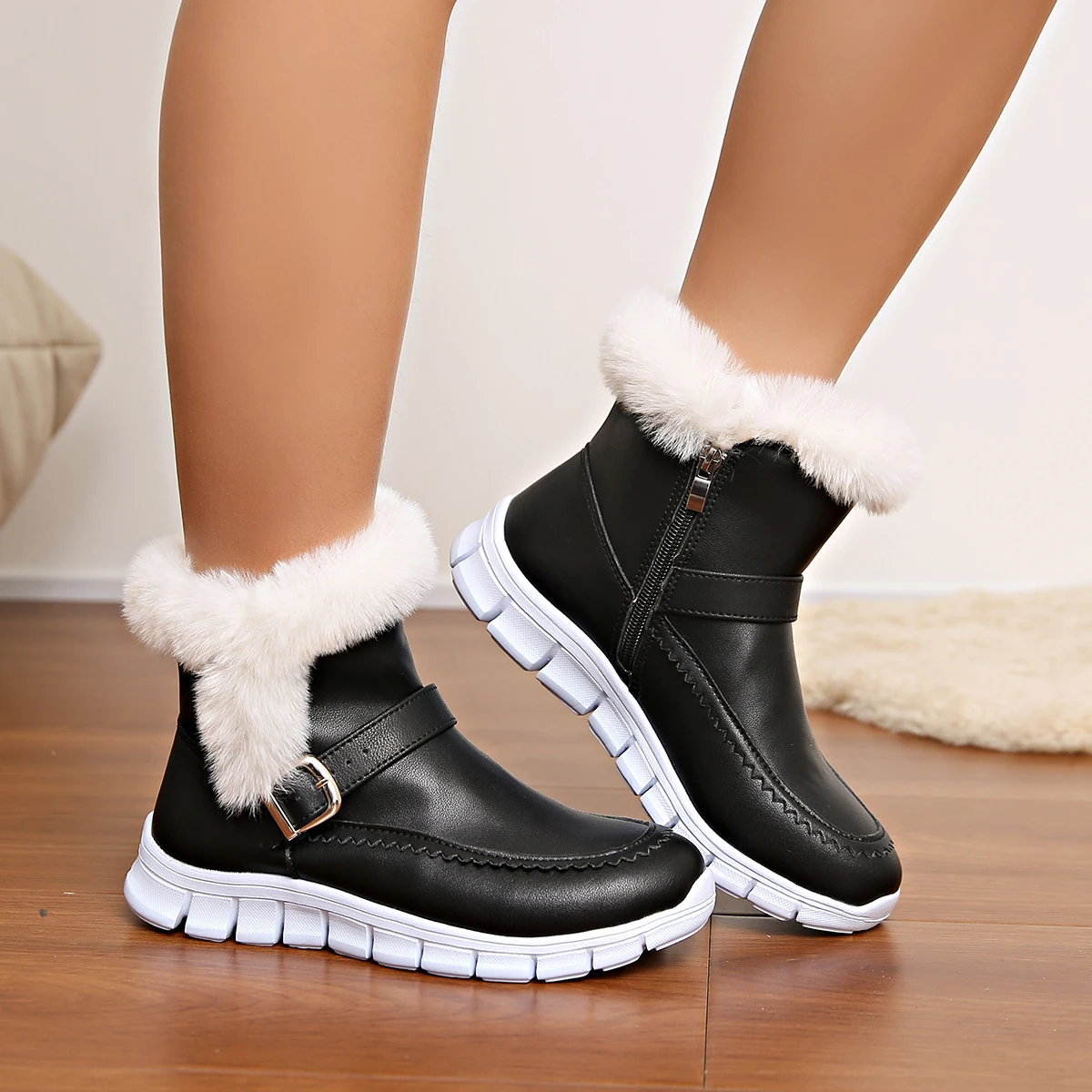 

Waterproof Leather Warm Long Plush Snow Boots Women 2025 Winter Thick Bottom Ankle Boots Plus Size Woman Short Booties Sneakers