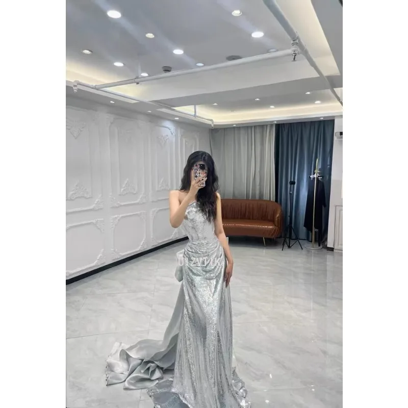 

Silver Sequin A Line Prom Dress Strapless Beading Detachable Bow Special Occasion Dresses 2025 Mermaid Backless Wedding Dresses