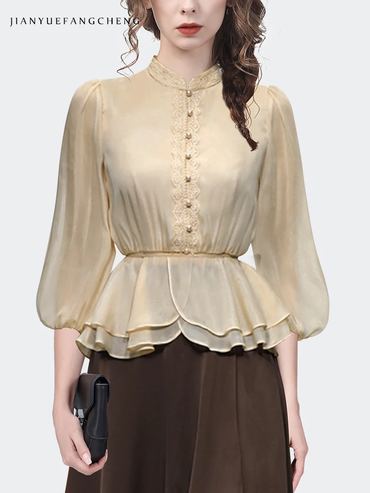 Fashion Women\' Spring Summer Lantern Sleeve Elastic Waist Beige Chiffon Blouse Elegant Casual Female Shirt Cinched Waist Top