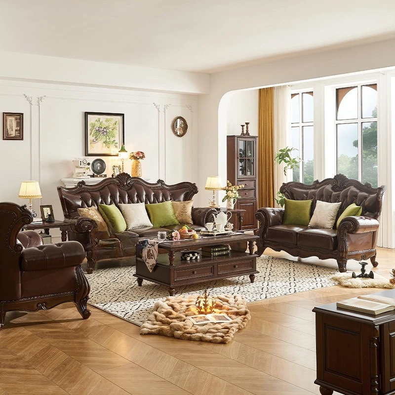 American country retro solid wood leather sofa first layer cowhide 123 combination simple beautiful living room villa four