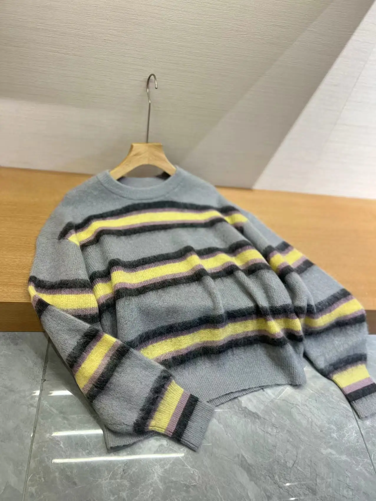 Fenggejiwo vintage sweater, contrasting striped knit pullover sweater, mohair blend knit sweater