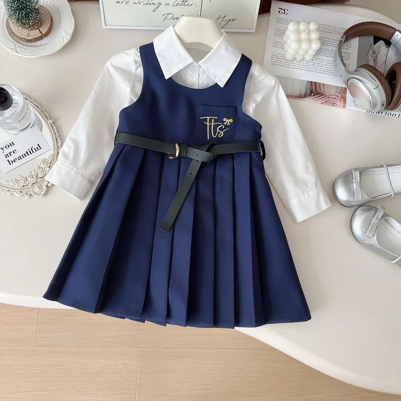 

Комплект для девочек, весна-осень 2023, корейский стиль, модная минималистичная белая рубашка в консервативном стиле с длинными рукавами, синее платье, комплект из двух предметов