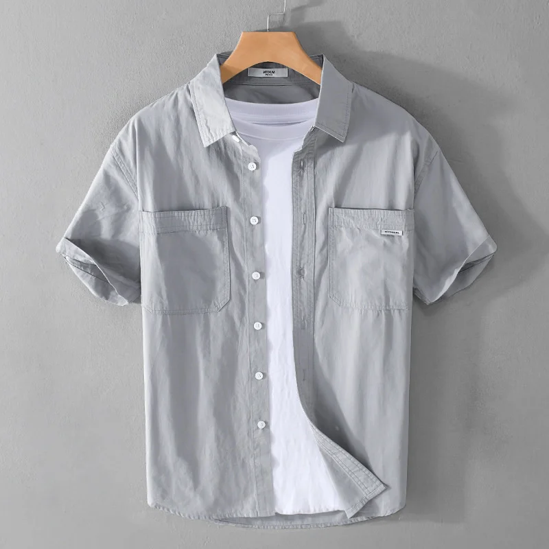 Summer Men\'s Casual Short Sleeve Comfortable Shirt 100% Cotton Sold Color Loose Simple Male Workwear Versatile Youth Fresh Shirt