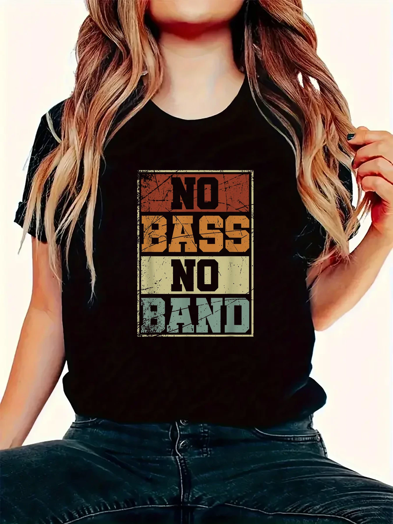 Womens No Bass No band Bass Player Print T-Shirt Fashion Women\'s Team Short-Sleeved Round Neck T-Shirt Oversized T Shirt