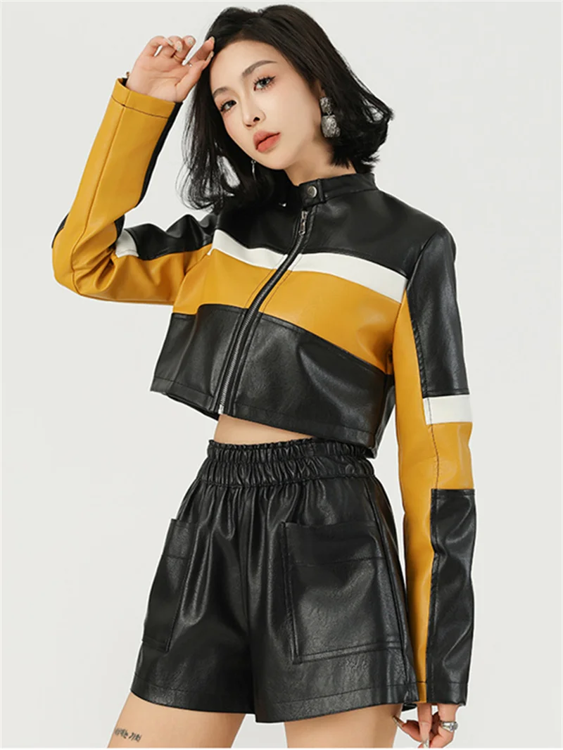 Moda kontrastowa łączona skóra bardzo krótka kurtka damska szczupła seksowna kurtka kurtka motocyklowa Streetwear PU odzież wierzchnia wiosna jesień