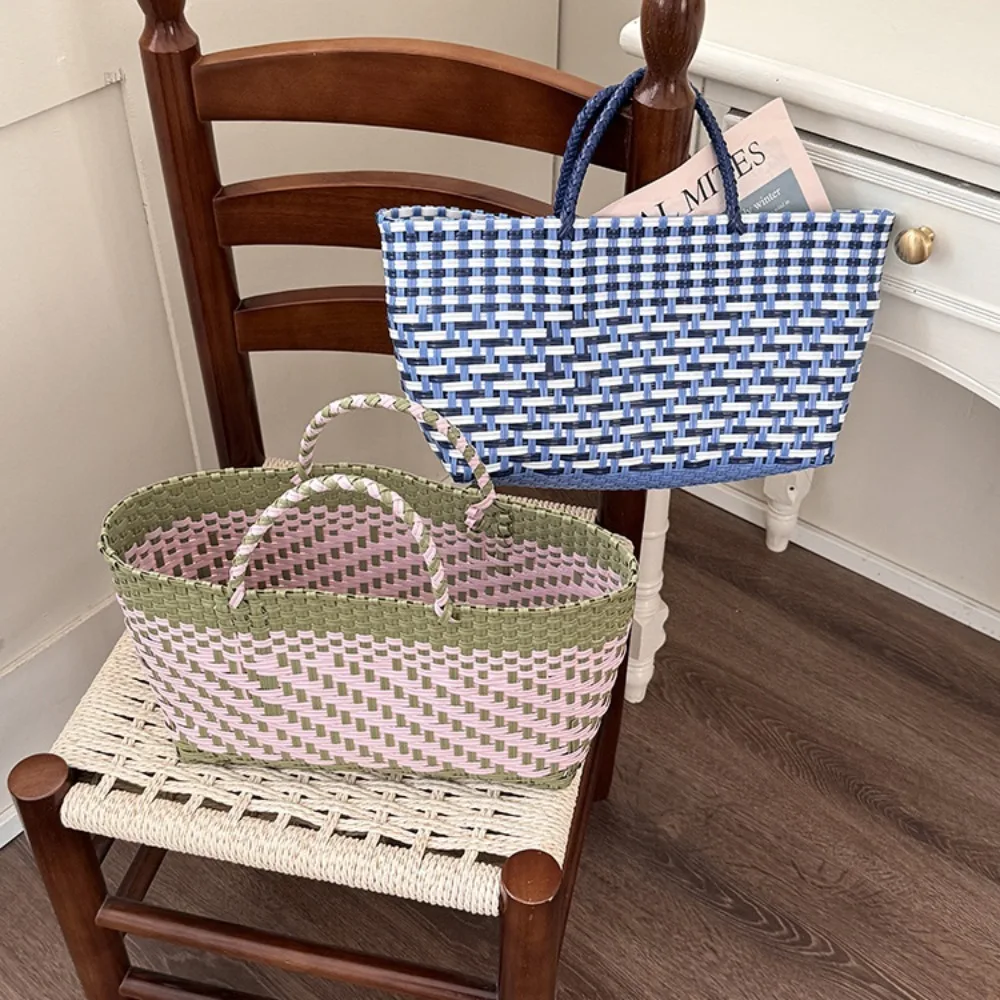 

Trendy PVC Handbag Weave Bag Large Capacity Bohemian Beach Tote Bag Countryside Style Vacation Style Vegetable Basket Bag Travel