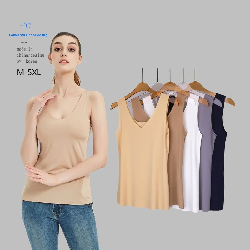 New Women\'s Summer Large Size Ice Silk Seamless Camisole Vest Female Short Top Loose Smocking Underwear V-Neck Bottoming Shirt