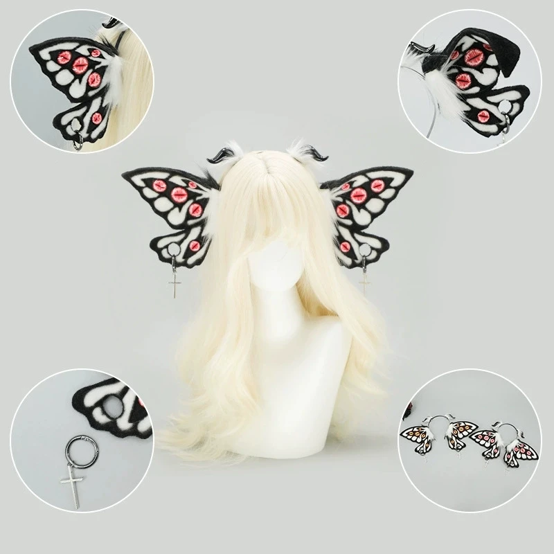 Women Girls Fantasy Evil Eye Headdress Plush Moth Ears Hairband Furry Lolita Headband Anime for Halloween Cosplay Accessories