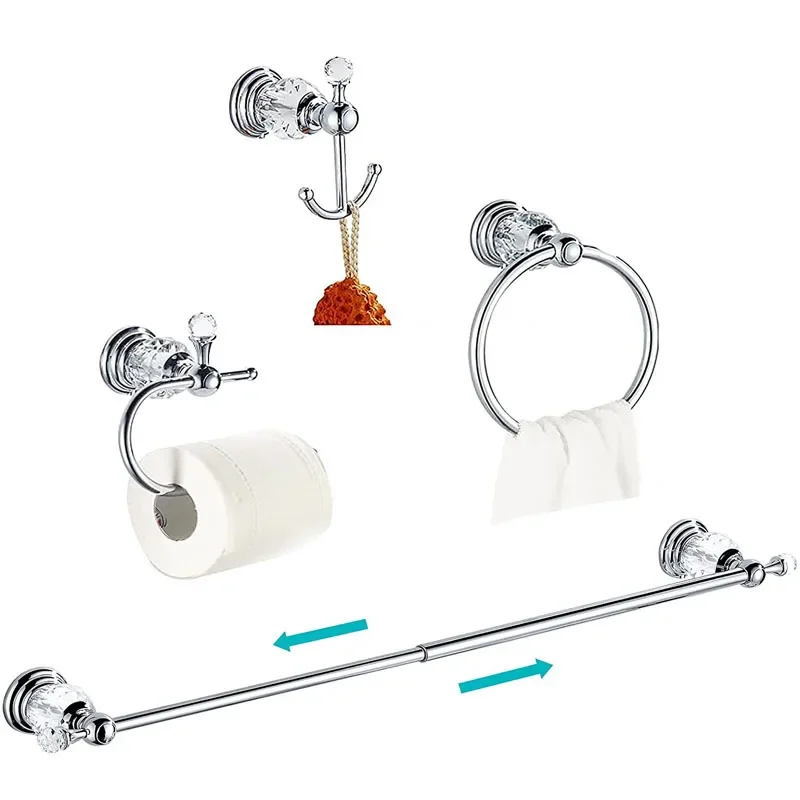 

Chrome Bathroom Accessories Sets Brass&Crystal Retractable Towel Bar Wall Mounted Paper Rack Bathroom Hardware Set