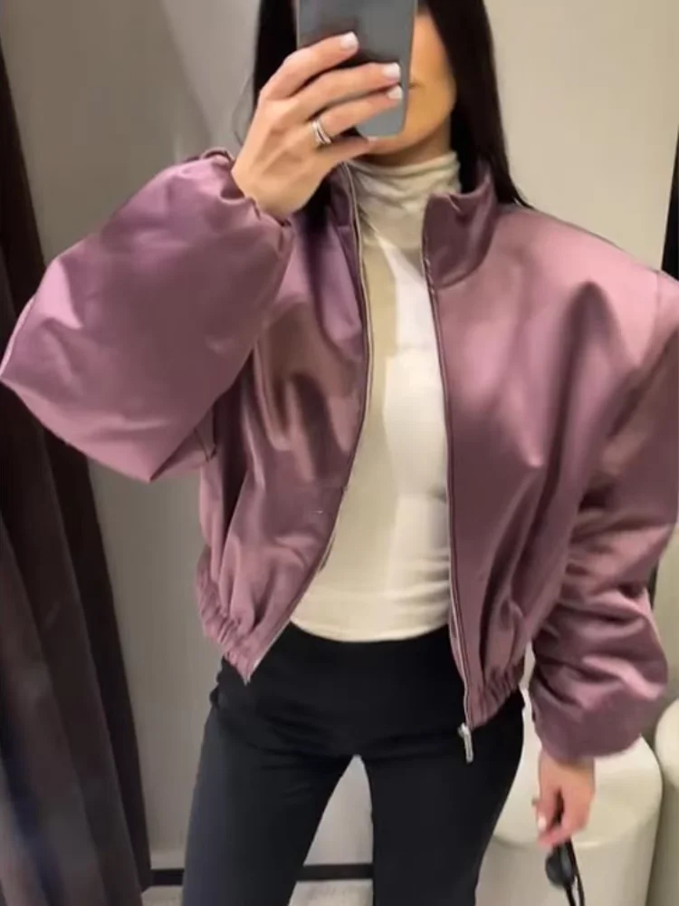 

Модная женская куртка-бомбер с длинными рукавами, шикарная, на молнии, с воротником-стойкой, весна 2026, новая повседневная однотонная уличная куртка для женщин