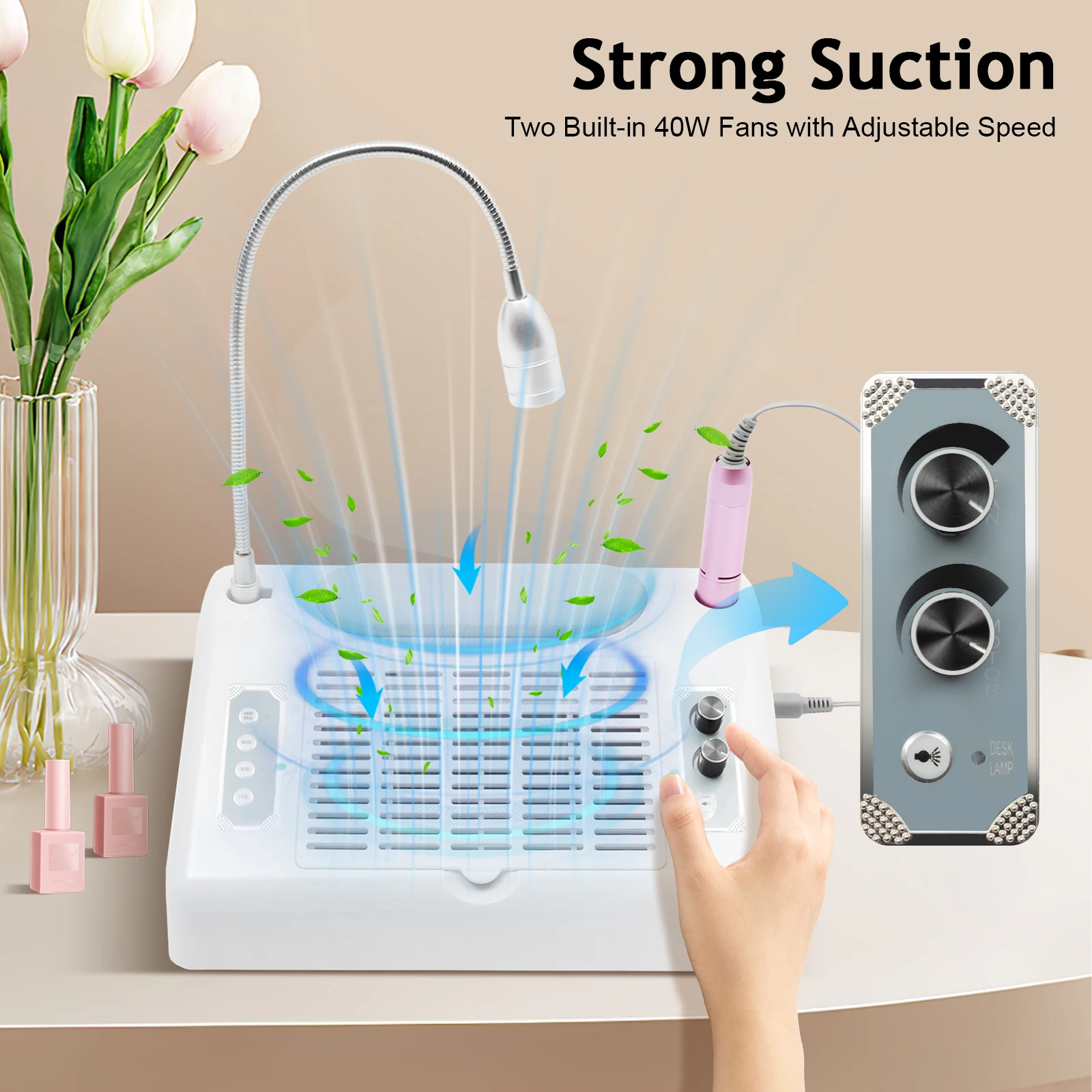 5-in-1 Electric Nail Drill Machine,UV/LED Curing Lamp + 3000RPM Polisher + Dust Sucker + LED Desk Light + Hand Pad